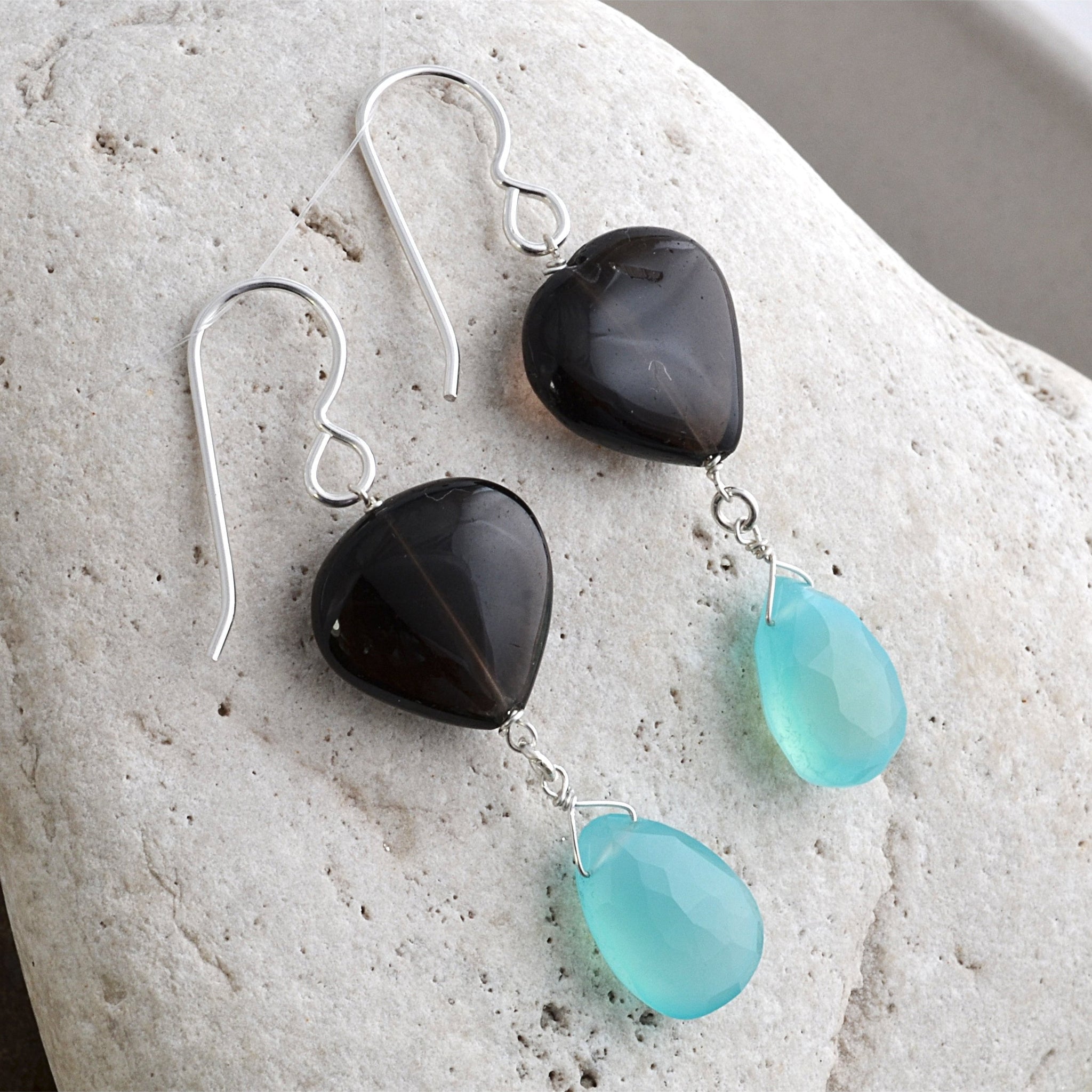 Blue Chalcedony Brown Smokey Quartz Dangling Earrings