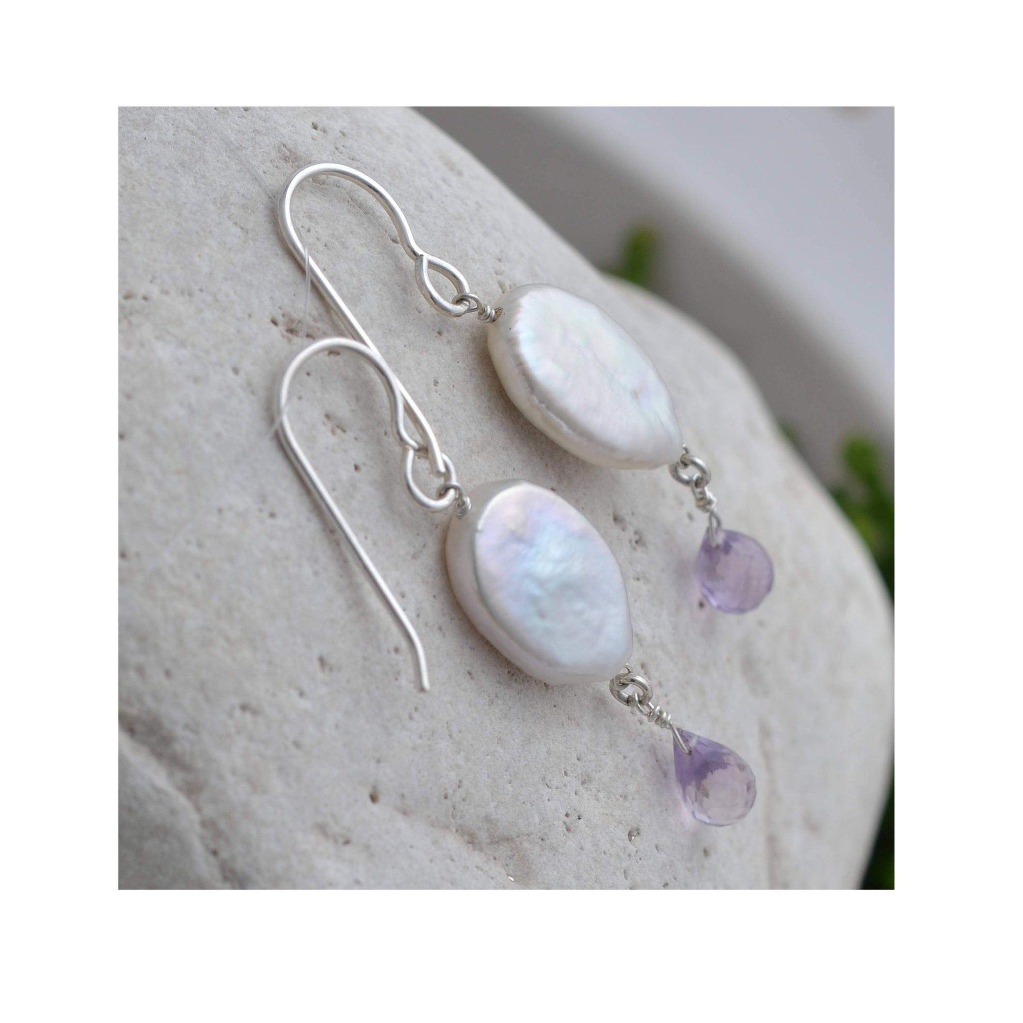 White Coin Pearl, Pink Amethyst Gemstone Drop Earrings