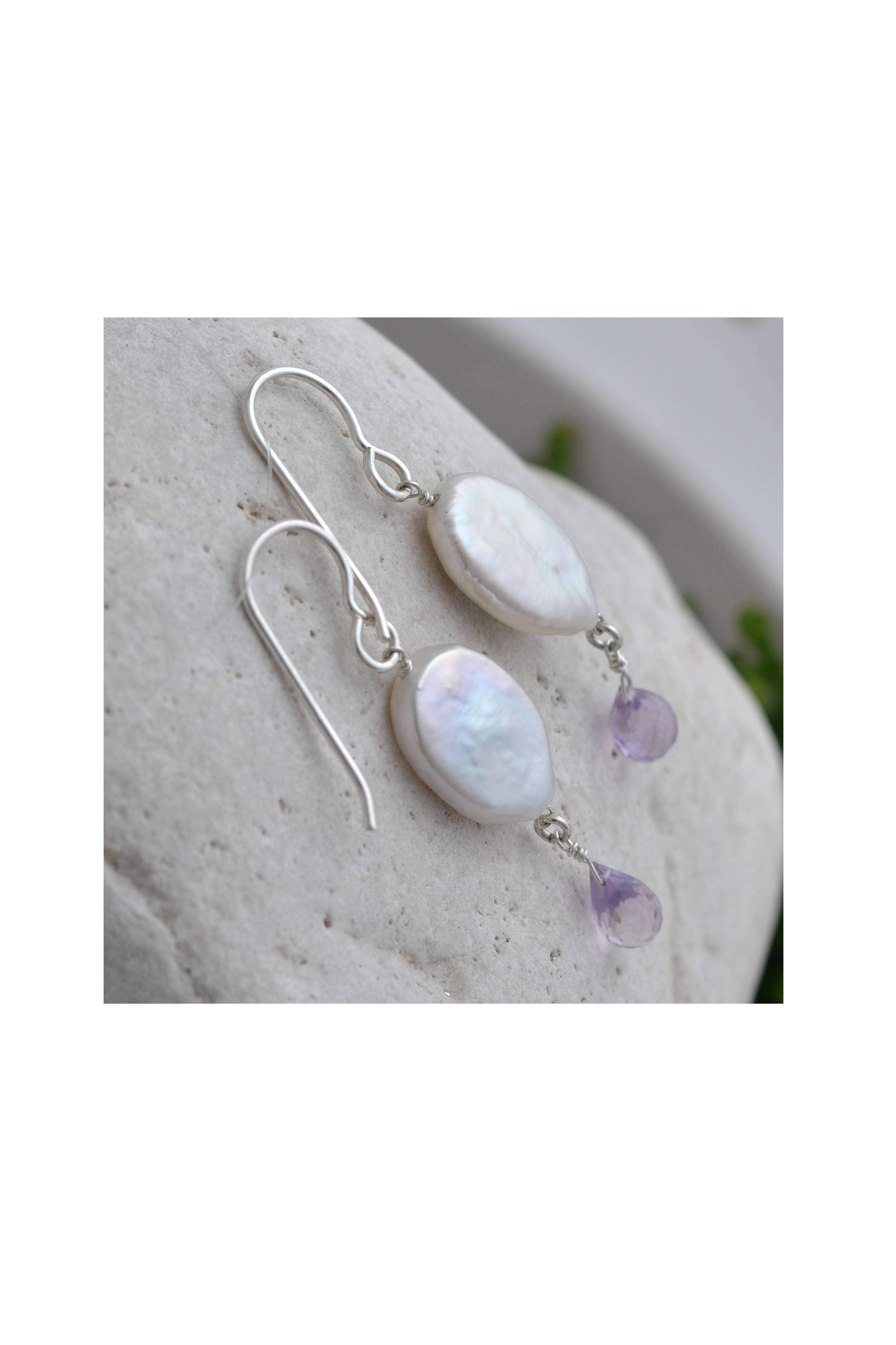 White Coin Pearl, Pink Amethyst Gemstone Drop Earrings