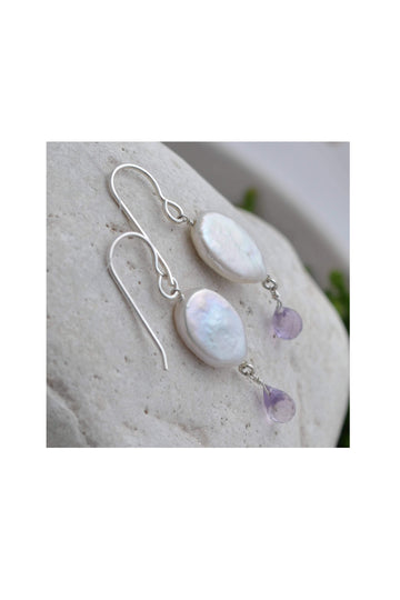 White Coin Pearl, Pink Amethyst Gemstone Drop Earrings