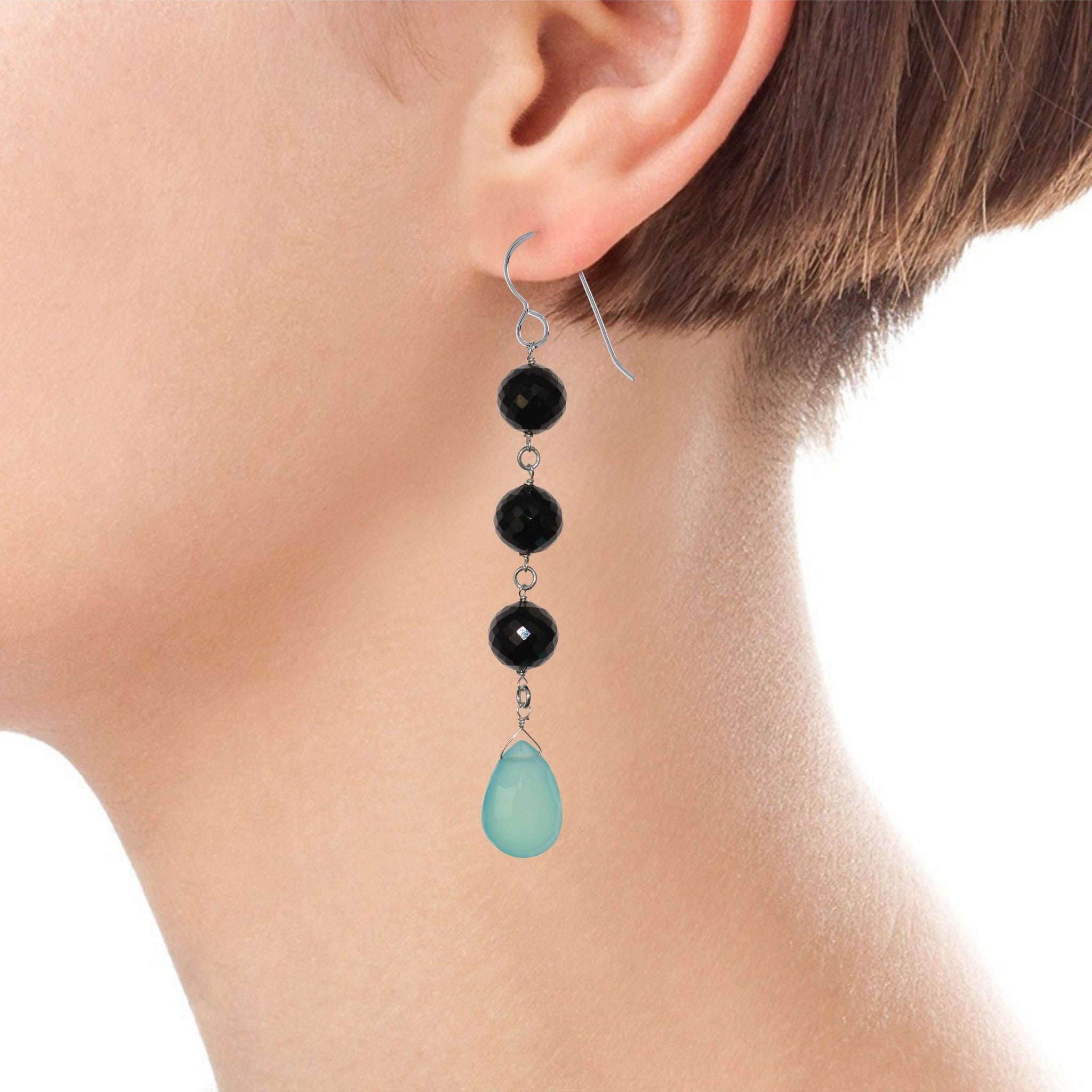 Blue Chalcedony, Black Spinel Silver Earrings