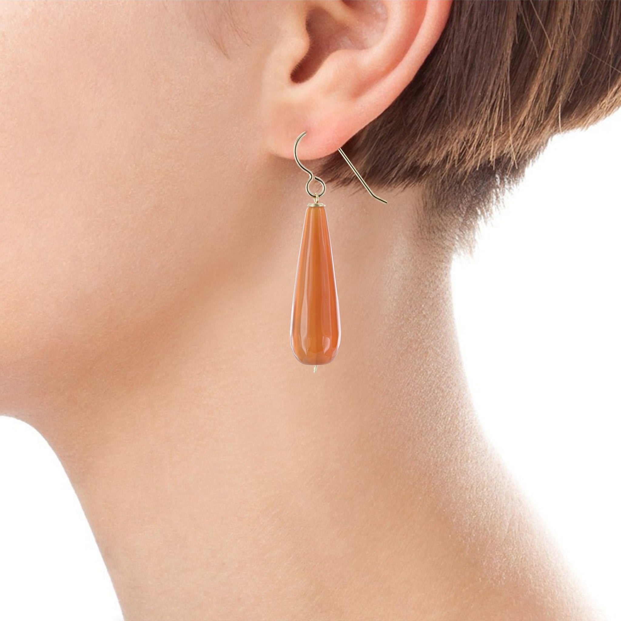 Orange Agate Long Briolette Gemstone Gold Dangle Earrings