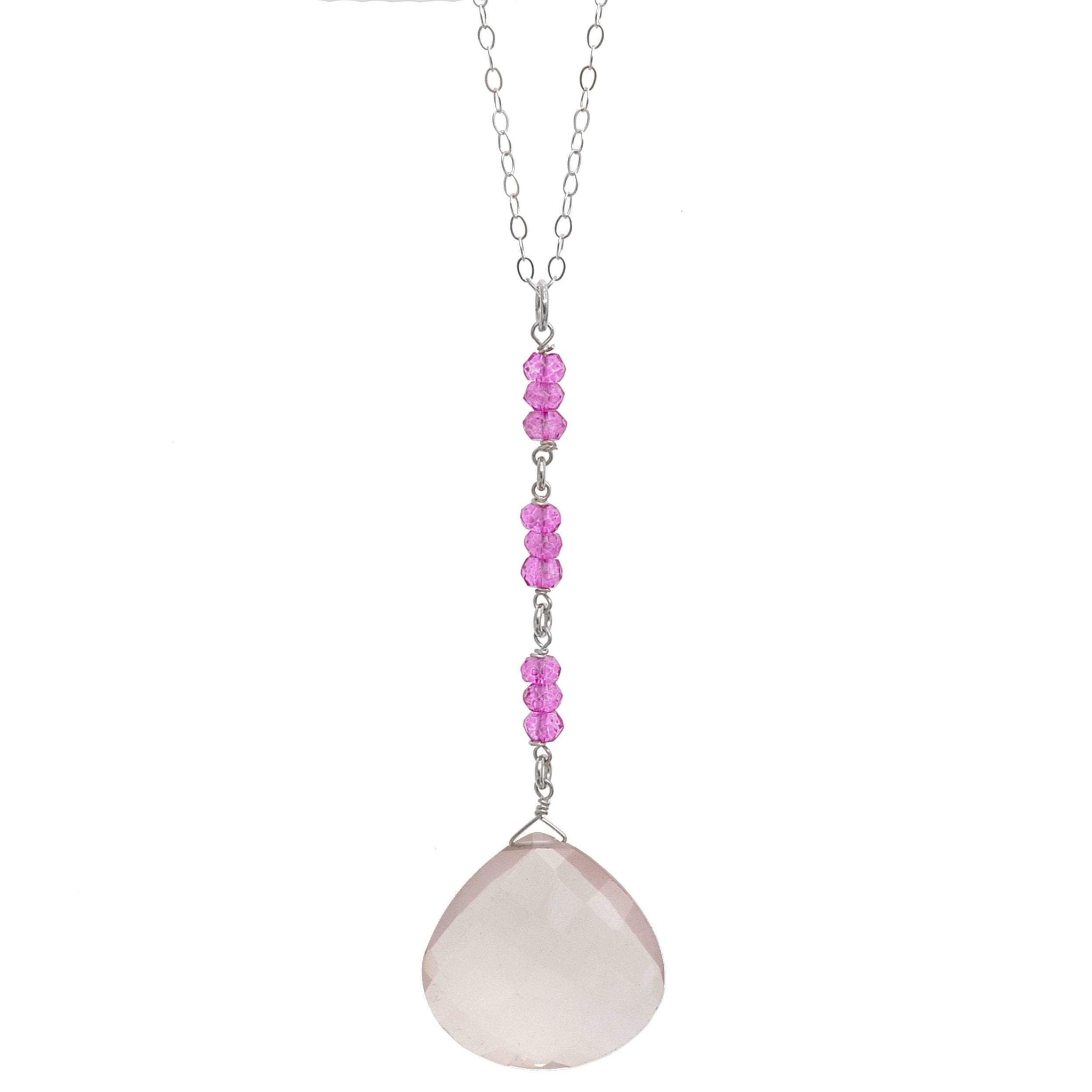 Pink, Rose Quartz Briolette Teardrop Gemstone Long Silver Necklace