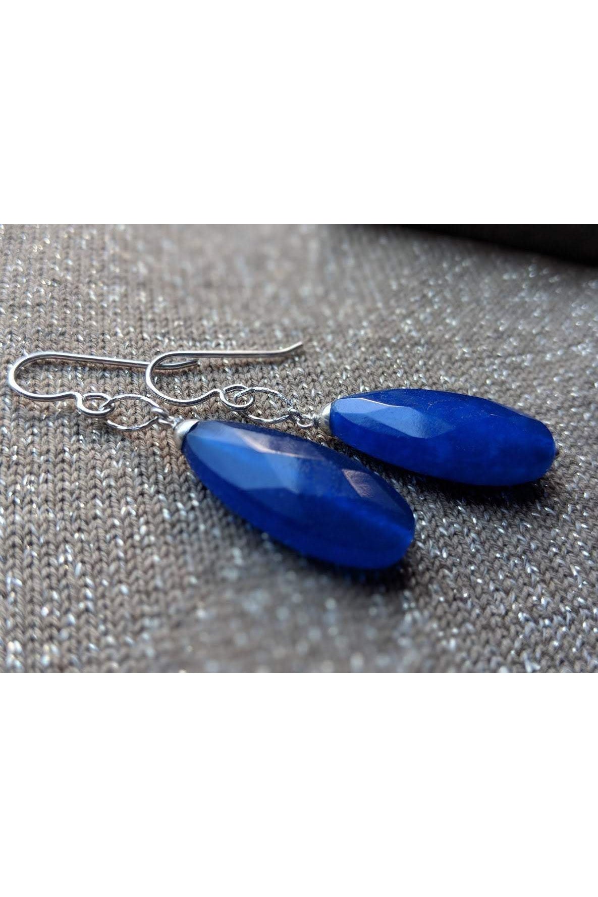 Dark Blue Jade, Navy Gemstone Long Briolette Earrings