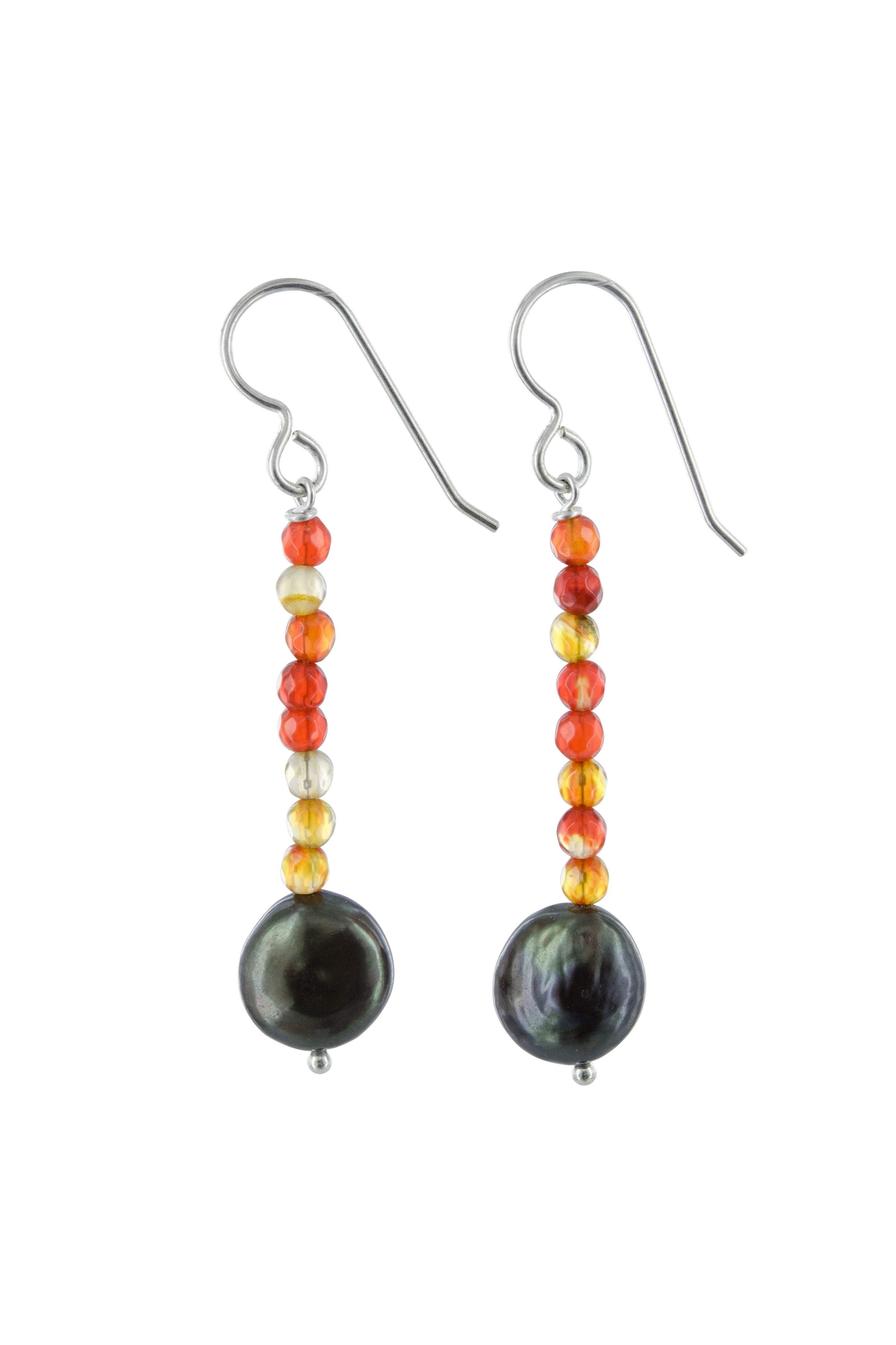 Orange Agate, Bronzed Pearl Dangle Earrings