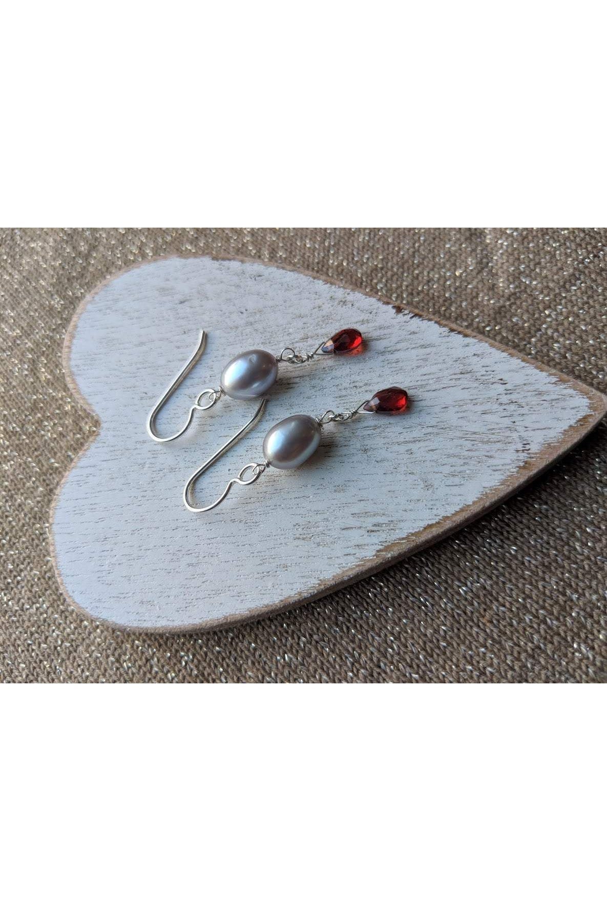 Red Garnet, Pearl Dangle Silver Earrings