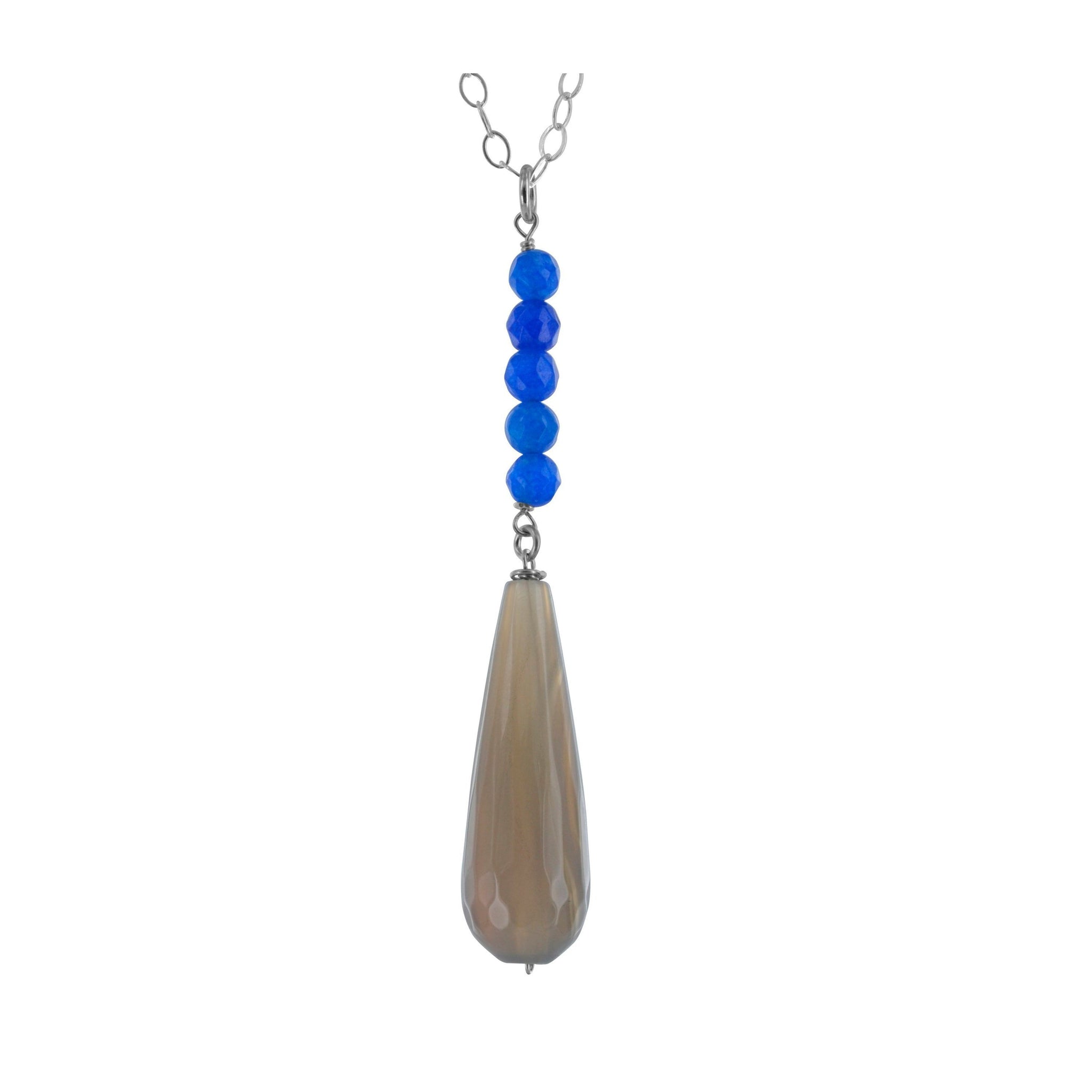 Smokey Grau Agate Long Briolette Blue Jade Necklace