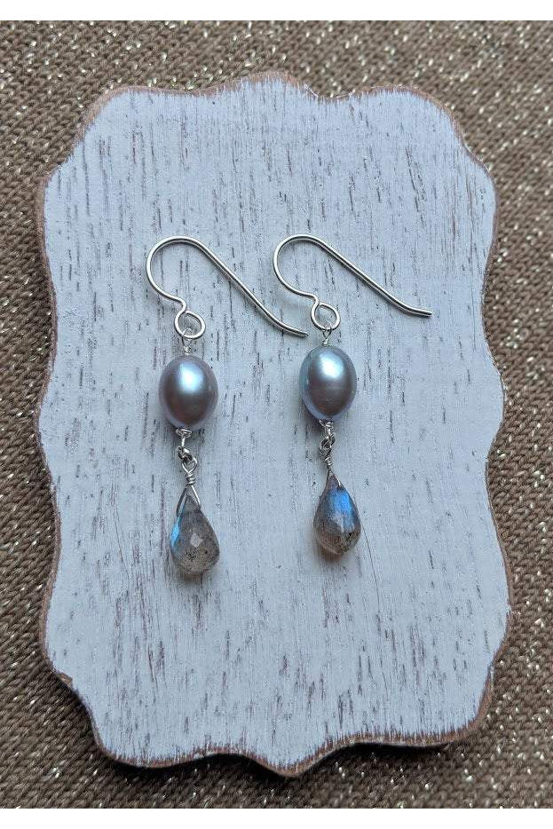 Labradorite , White Pearl Drop Earrings