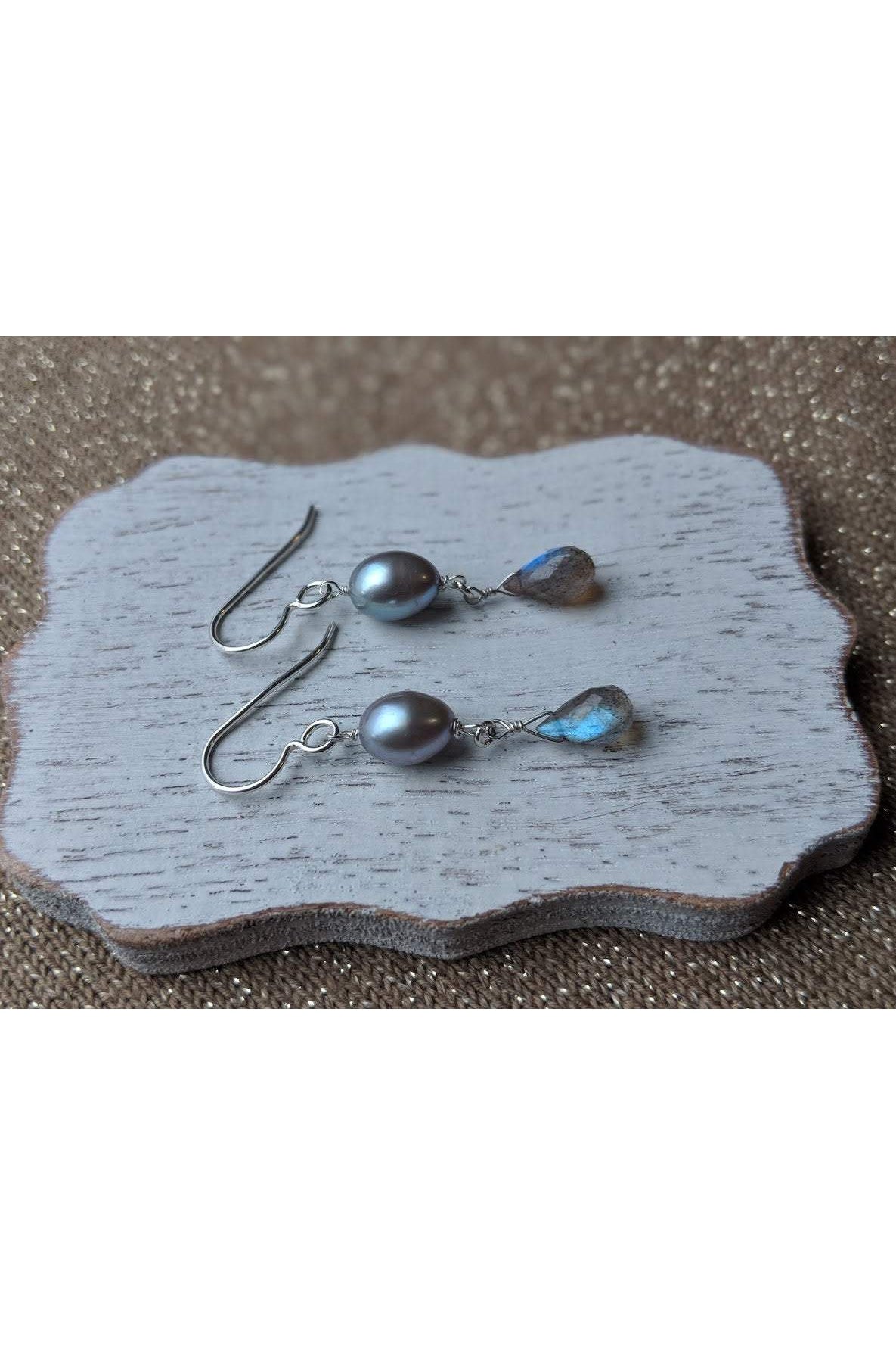 Labradorite , White Pearl Drop Earrings