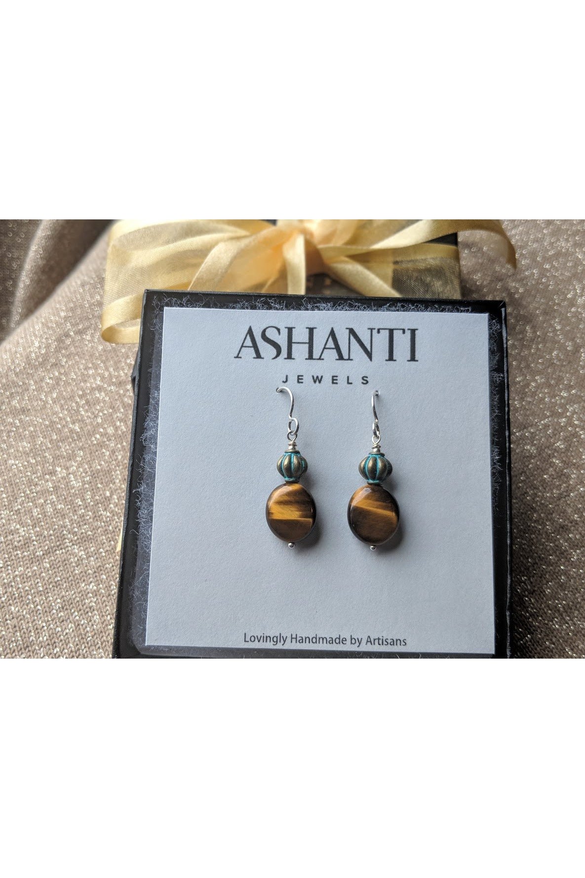 Round Tiger Eye Bead, Dangle Brown Silver Earrings