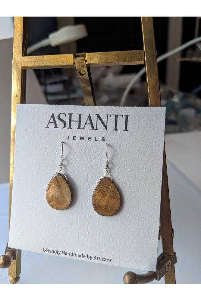 Brown Mother of Pearl Teardrop Silver Earrings