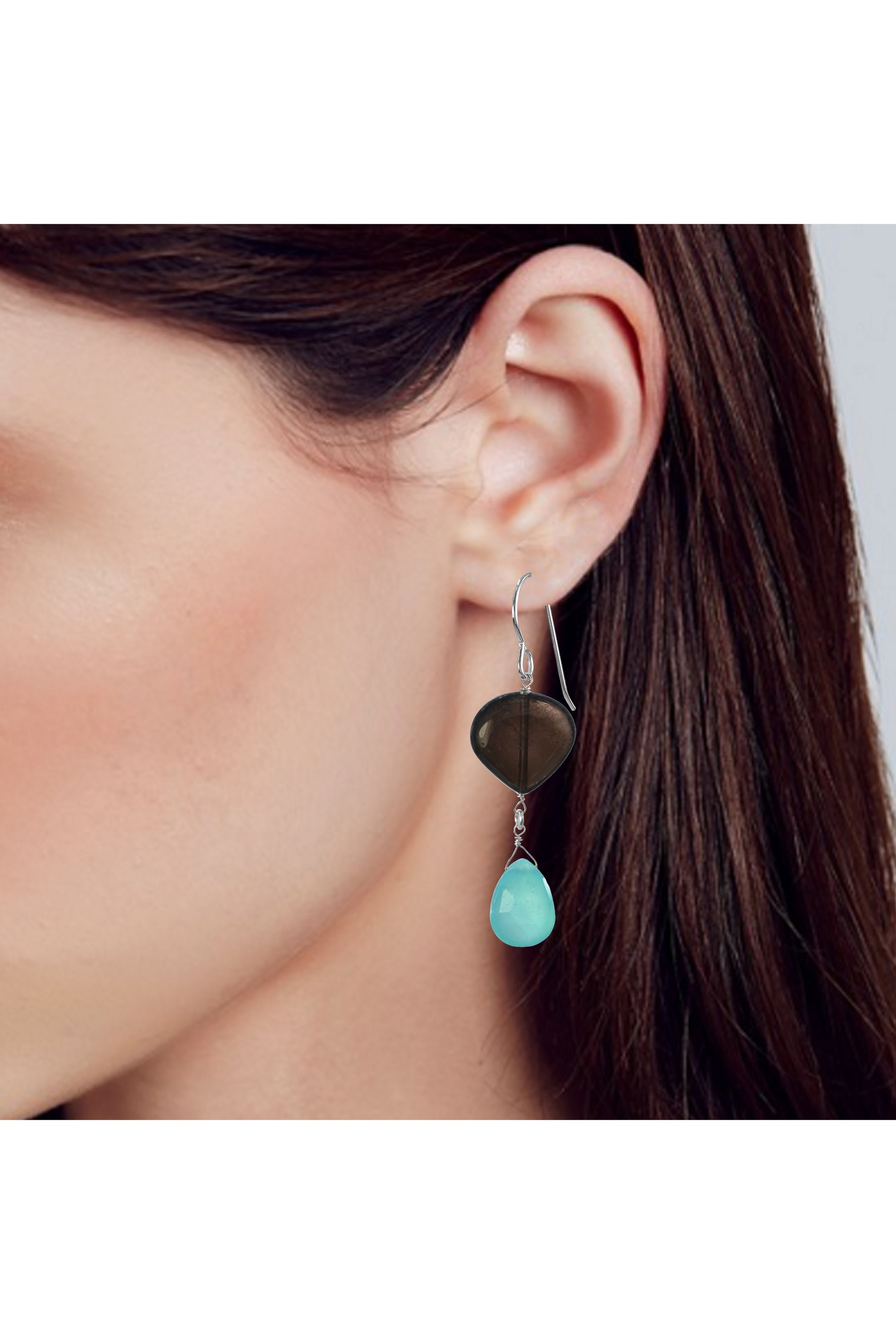 Blue Chalcedony Brown Smokey Quartz Dangling Earrings