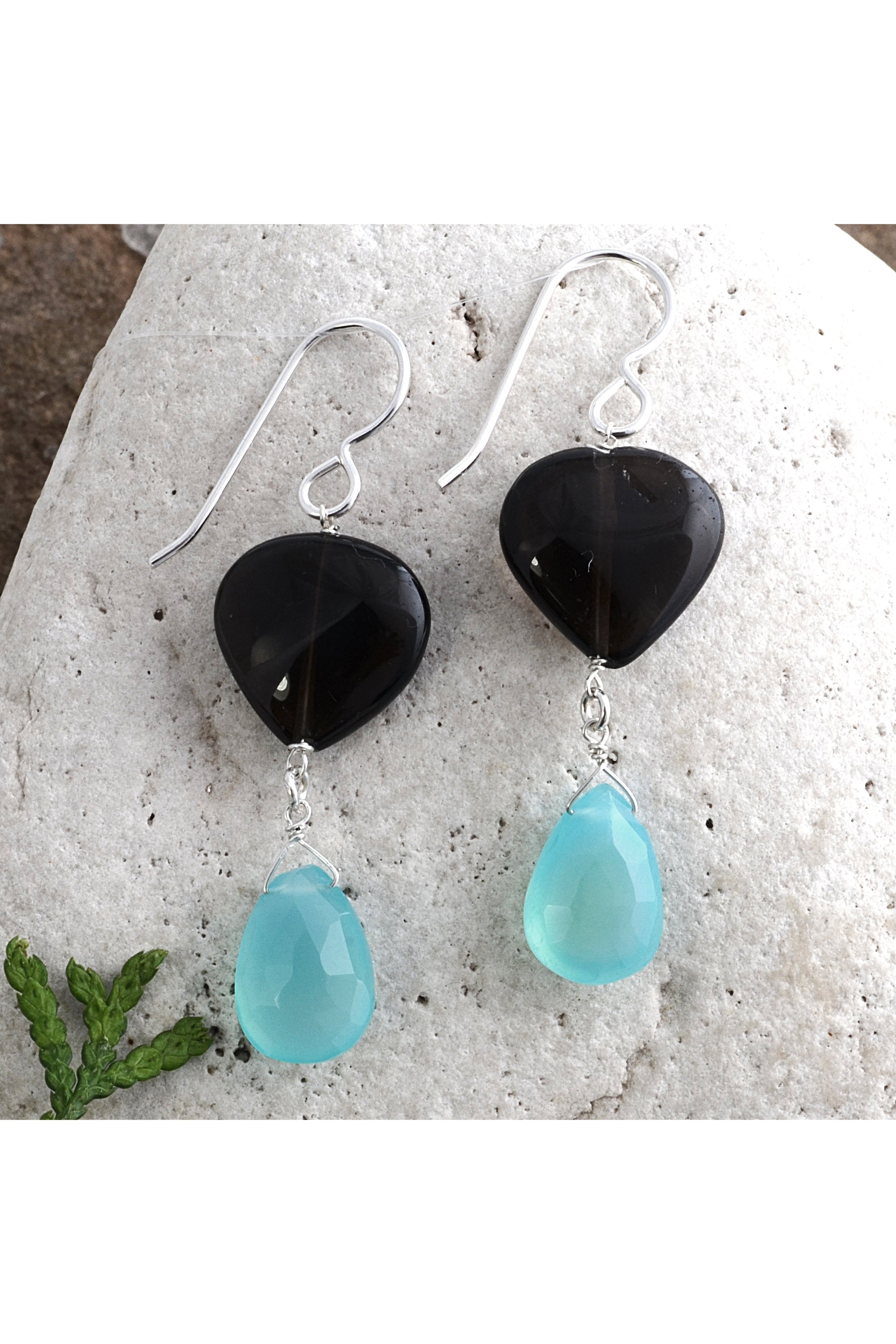 Blue Chalcedony Brown Smokey Quartz Dangling Earrings