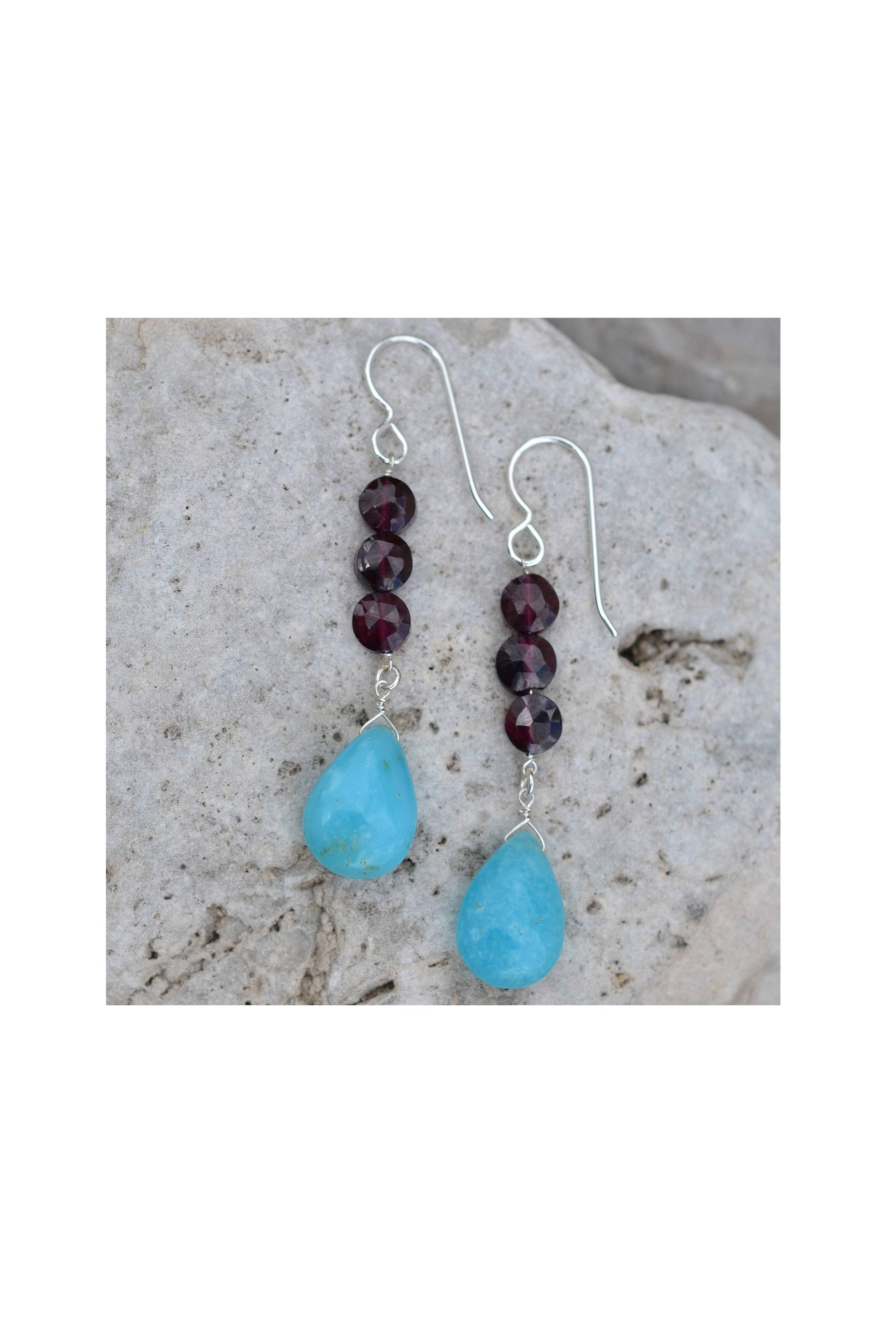 Rare Gemstones, Blue Hemimorphite, Red Garnet Earrings