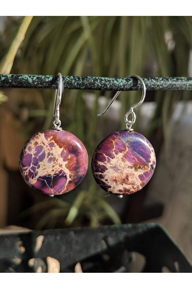 Purple Round Jasper Silver Earrings