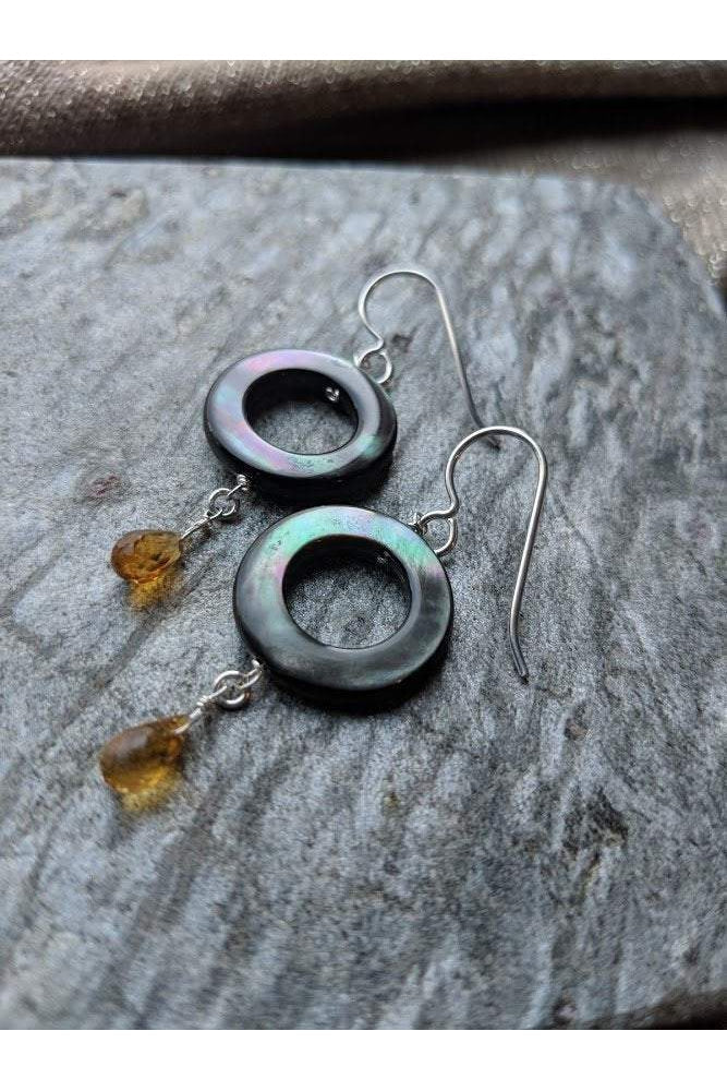 Mother of Pearl, Citrine Gemstone Long Dangle Earrings