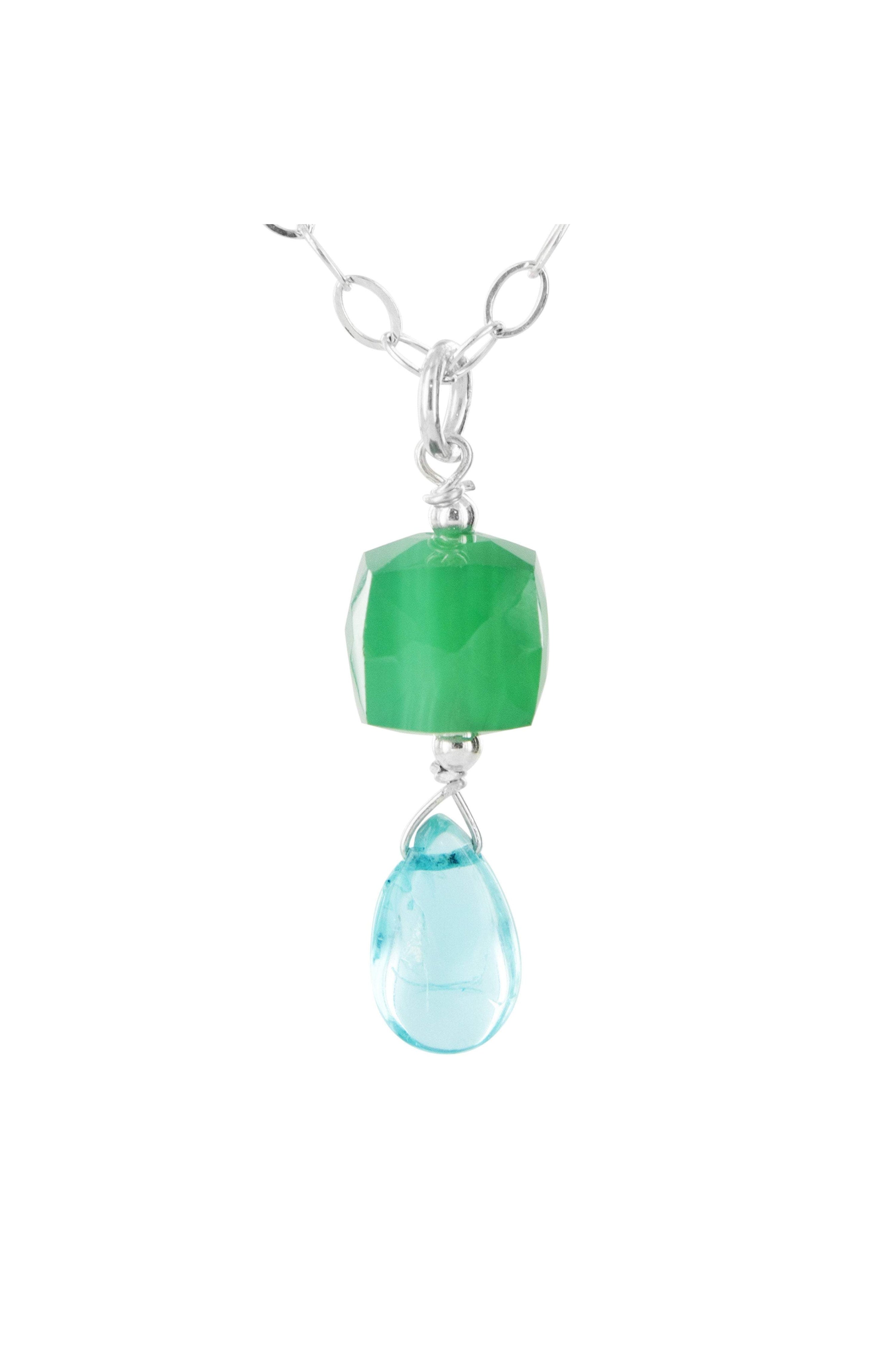Green Chalcedony, Blue Apatite Gemstone Dainty Necklace
