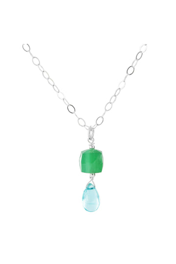 Green Chalcedony, Blue Apatite Gemstone Dainty Necklace