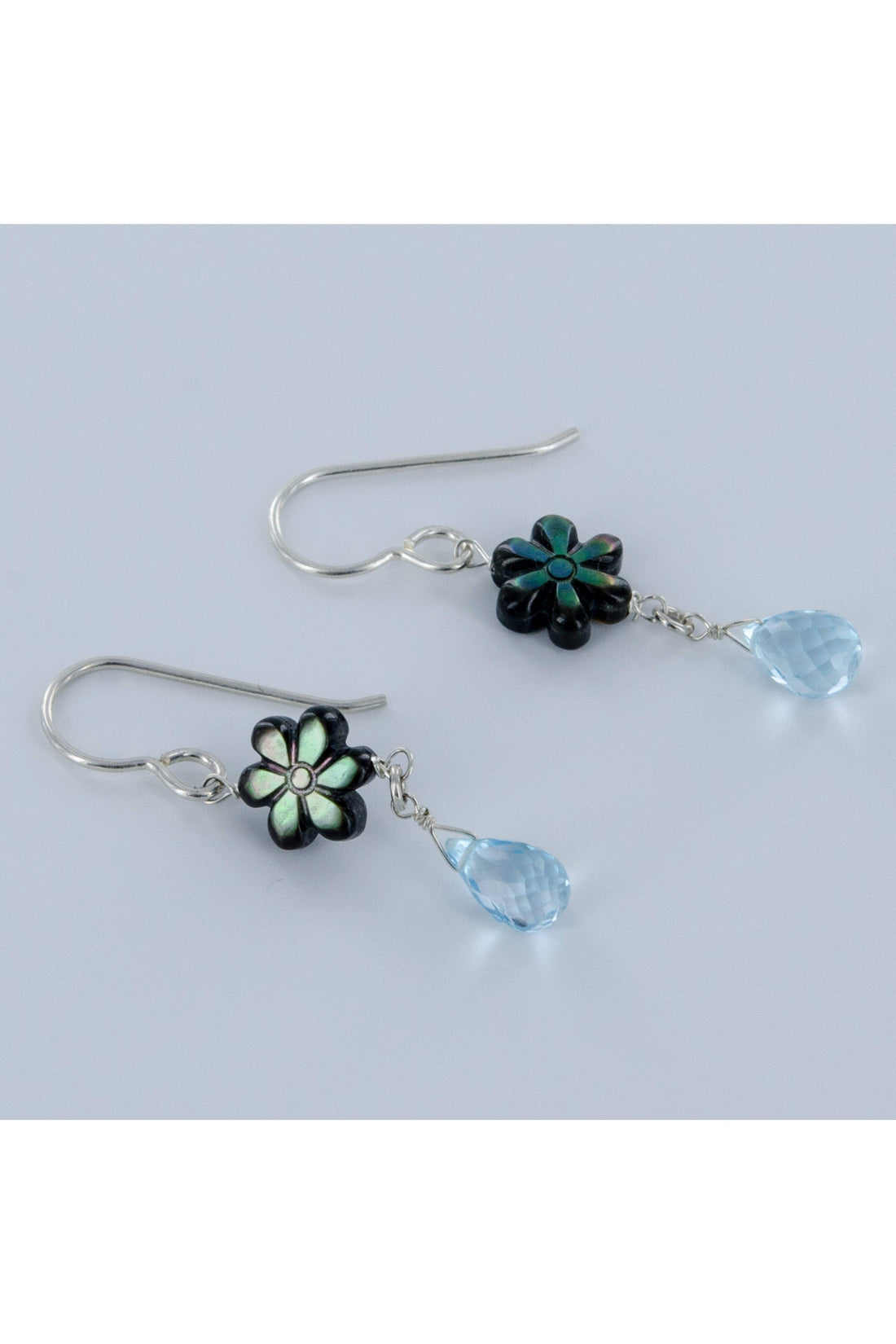 Blue Topaz, Mother of Pearl Siilver Dangle Earrings