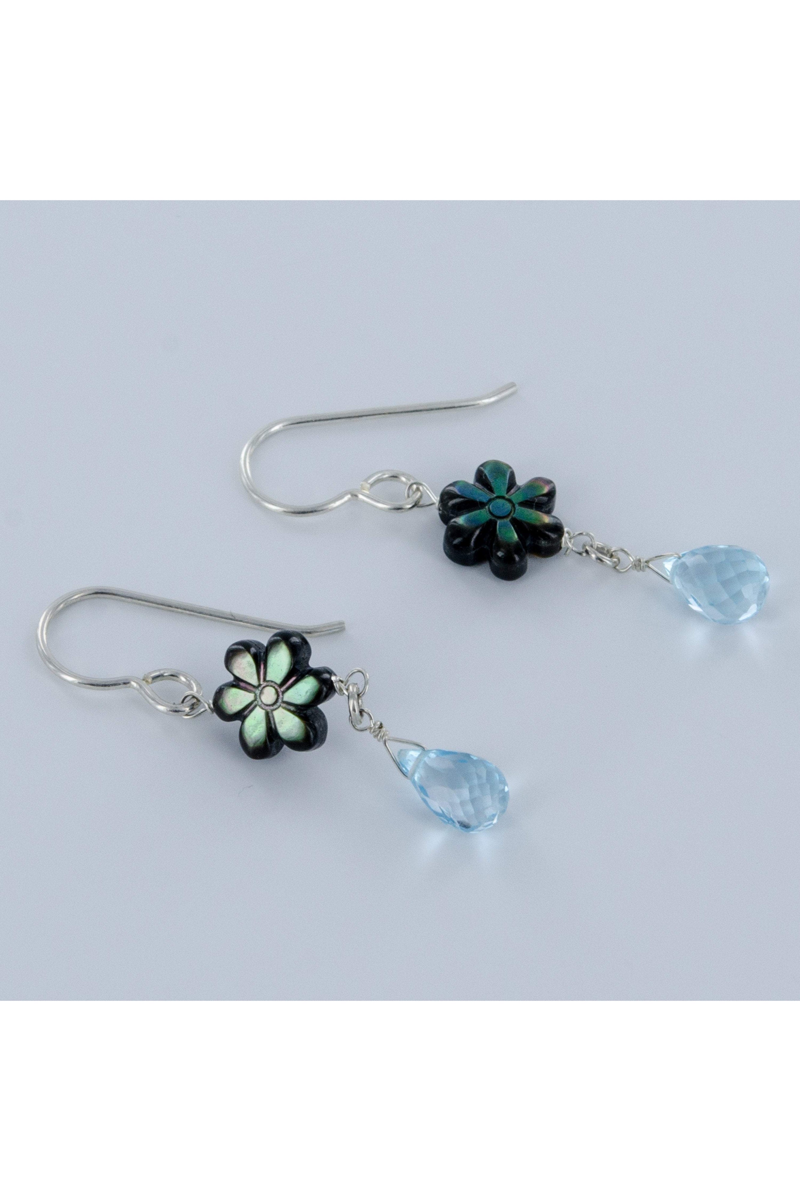 Blue Topaz, Mother of Pearl Siilver Dangle Earrings