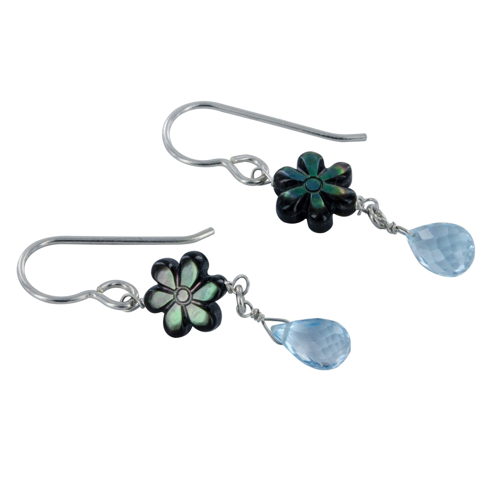 Blue Topaz, Mother of Pearl Siilver Dangle Earrings