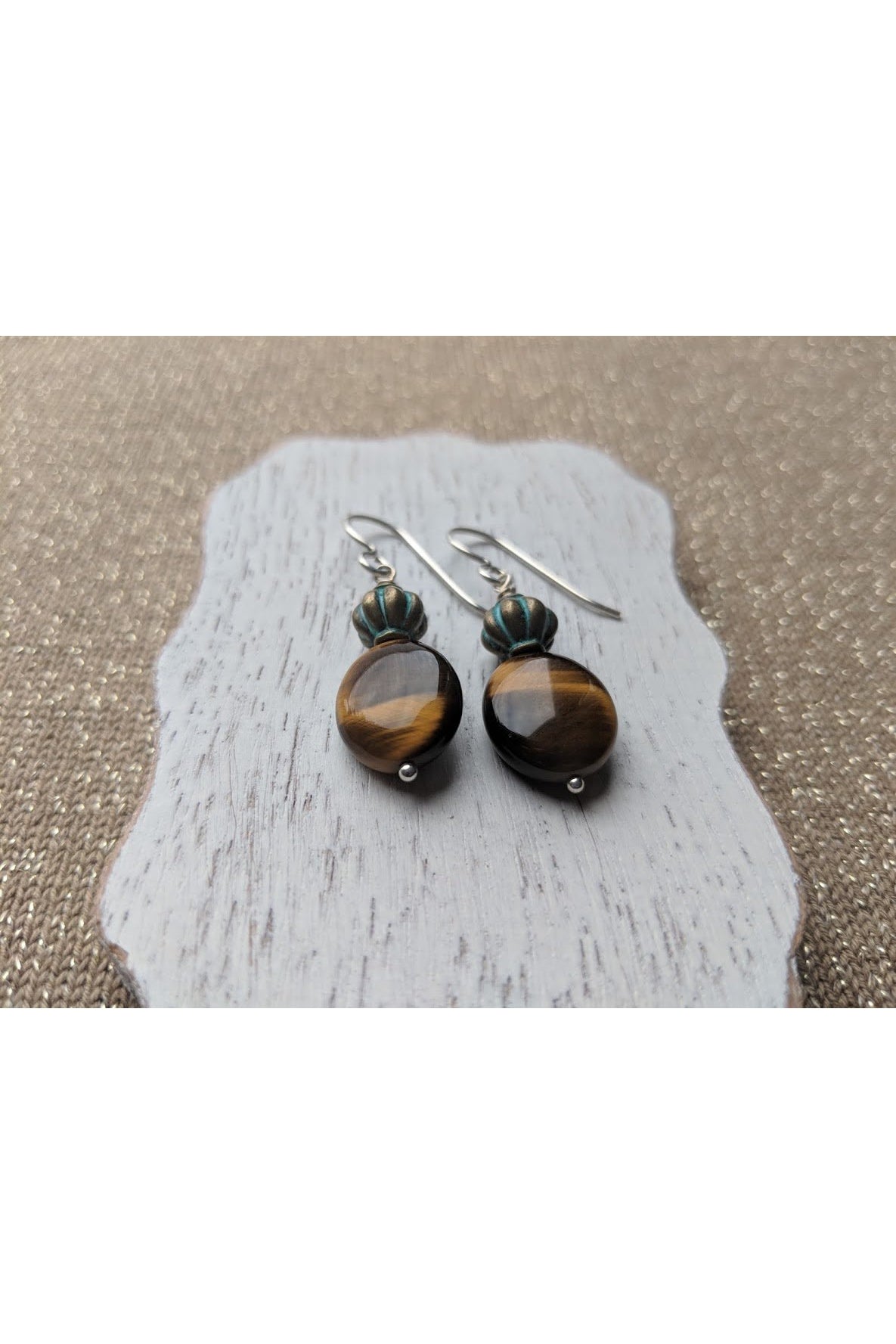 Round Tiger Eye Bead, Dangle Brown Silver Earrings