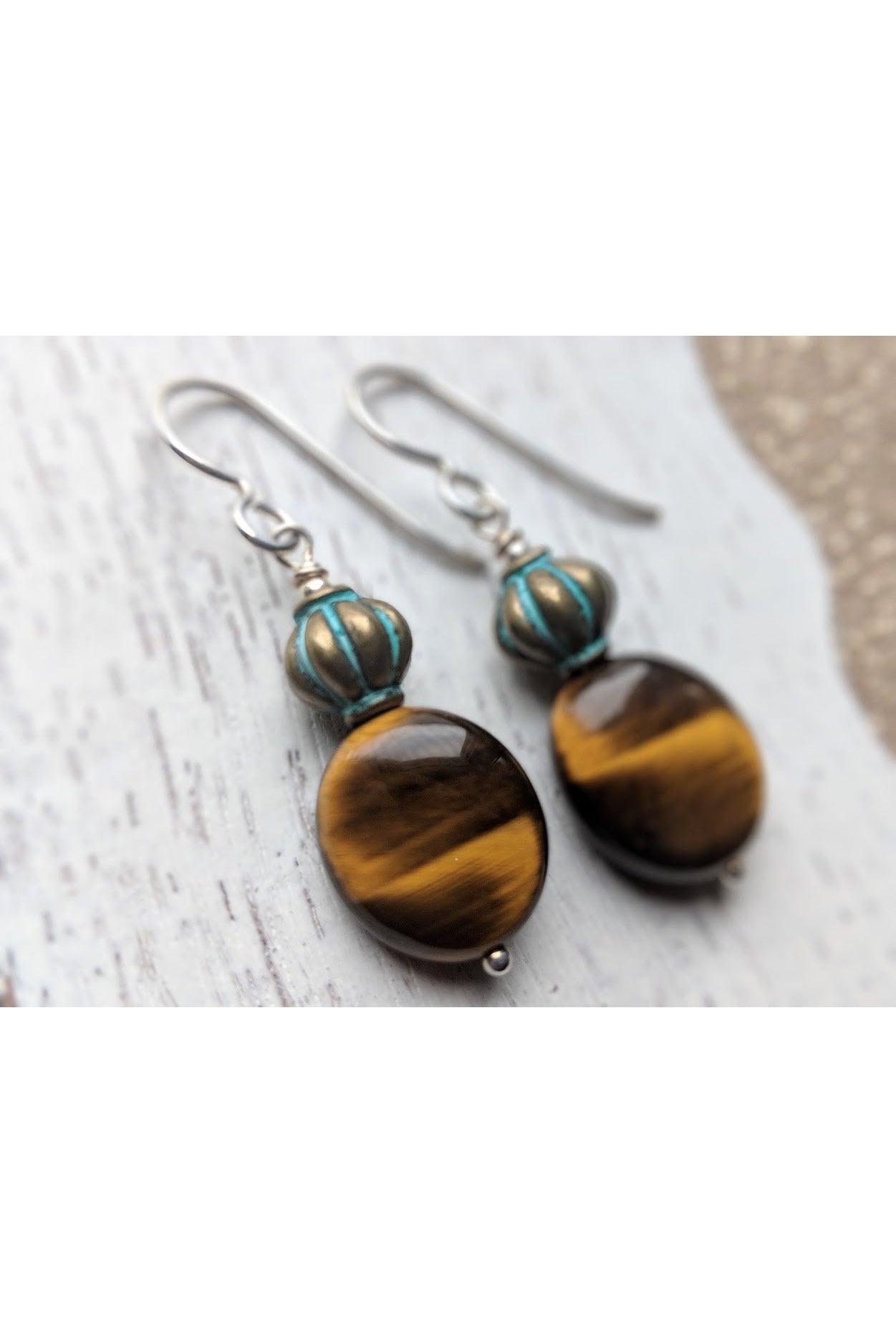 Round Tiger Eye Bead, Dangle Brown Silver Earrings
