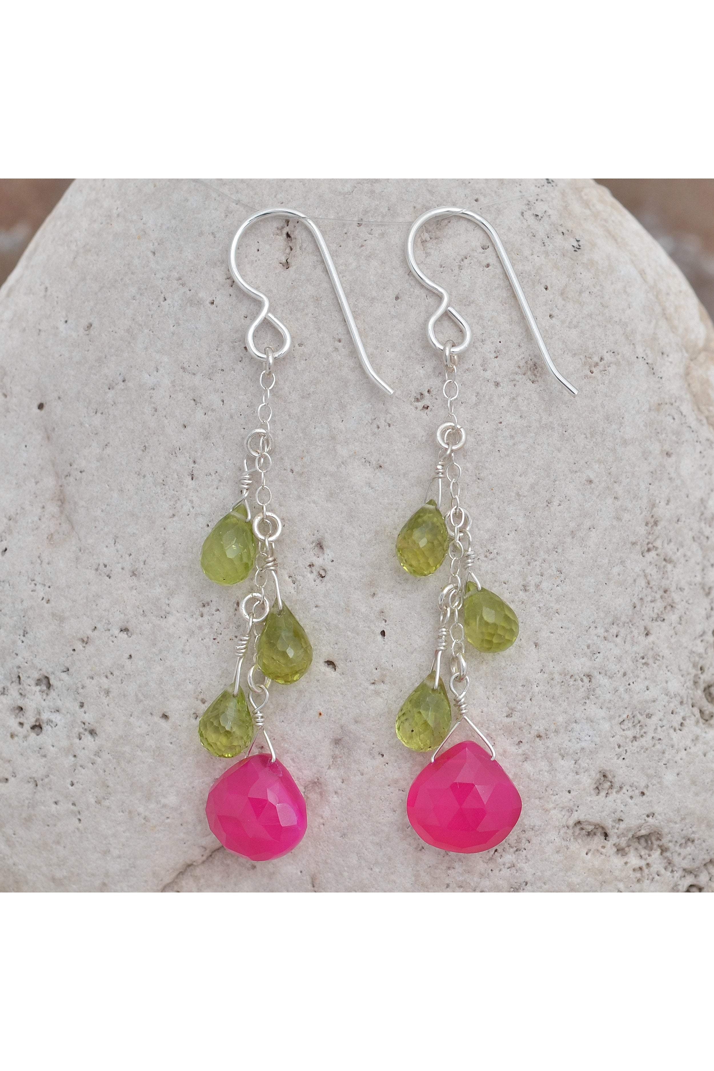 Hot Pink Chalcedony, Green Peridot Long Silver Earrings