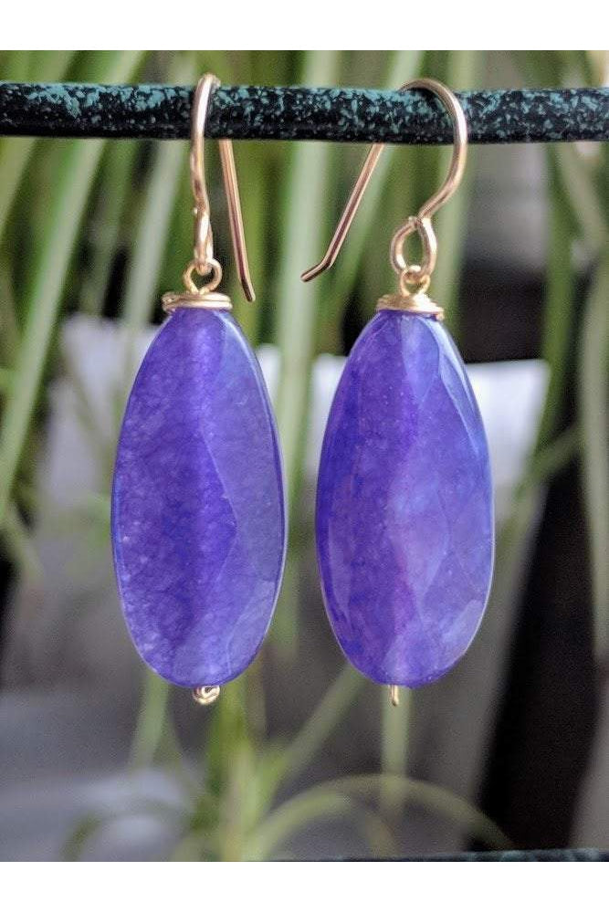 Purple Jade Quartz Dangle Gold Earrings