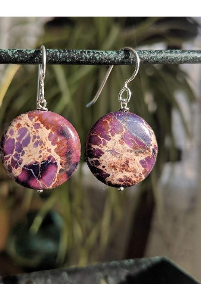 Purple Round Jasper Silver Earrings