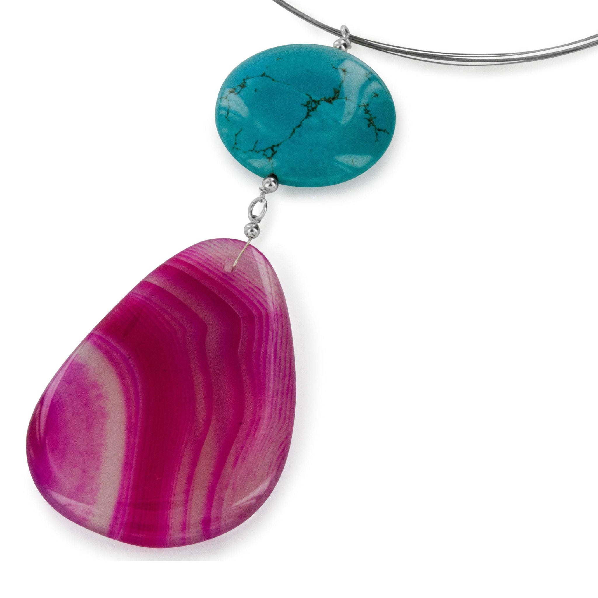 Pink Agate, Blue Turquoise Gemstone Large Pendant