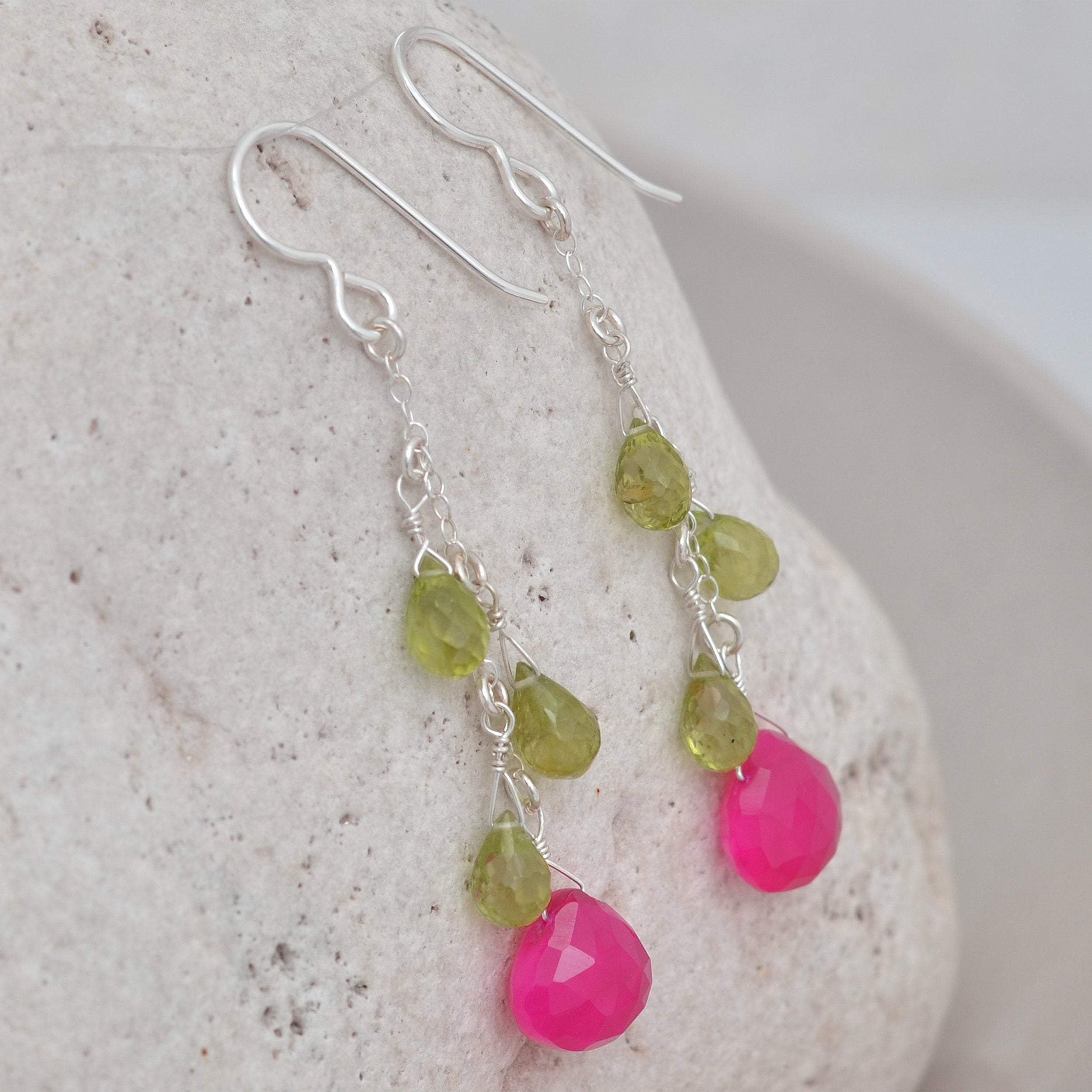 Hot Pink Chalcedony, Green Peridot Long Silver Earrings