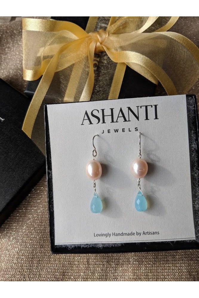 Blue Chalcedony, Pink Pearl Dangle Handmade Earrings
