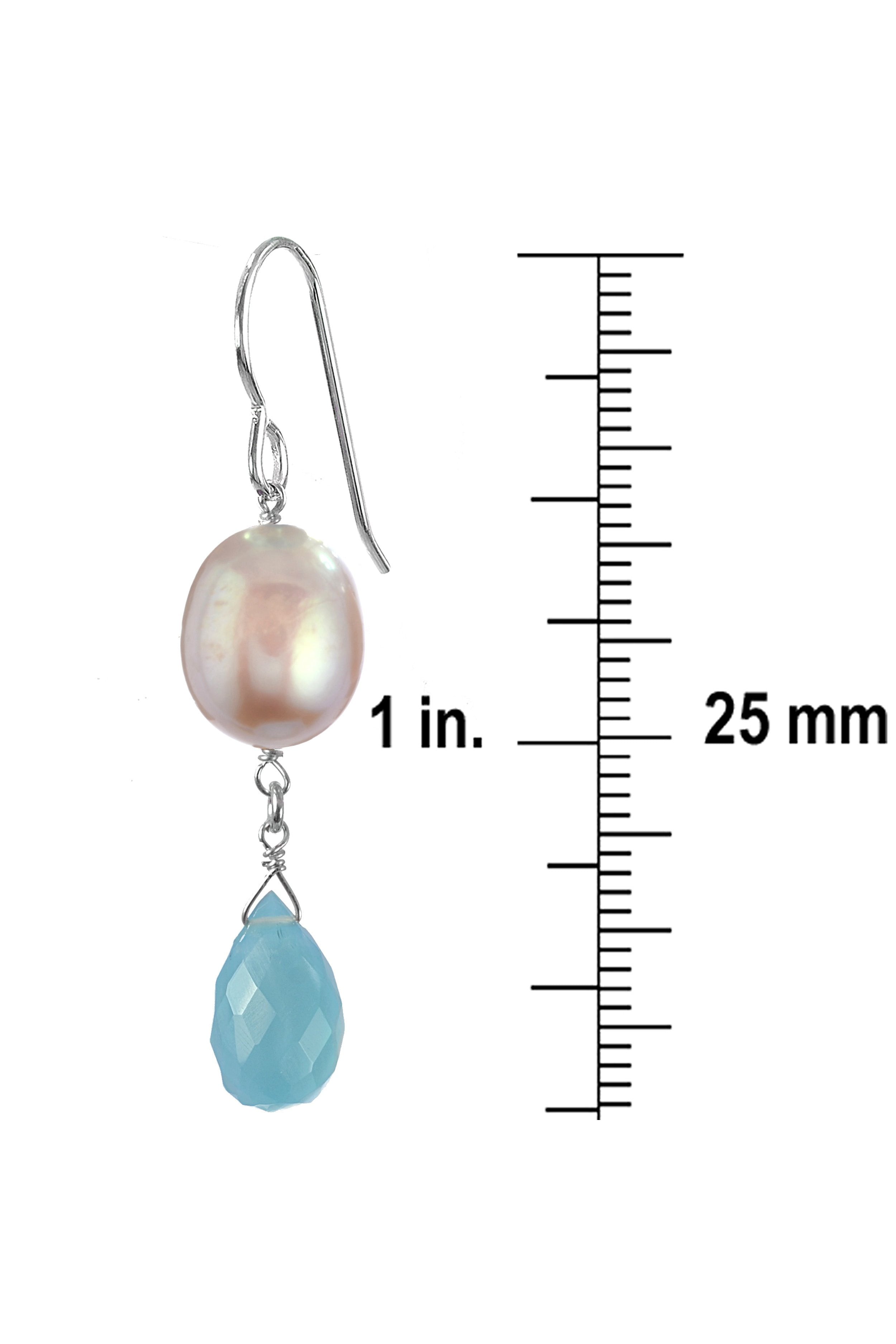 Blue Chalcedony, Pink Pearl Dangle Handmade Earrings