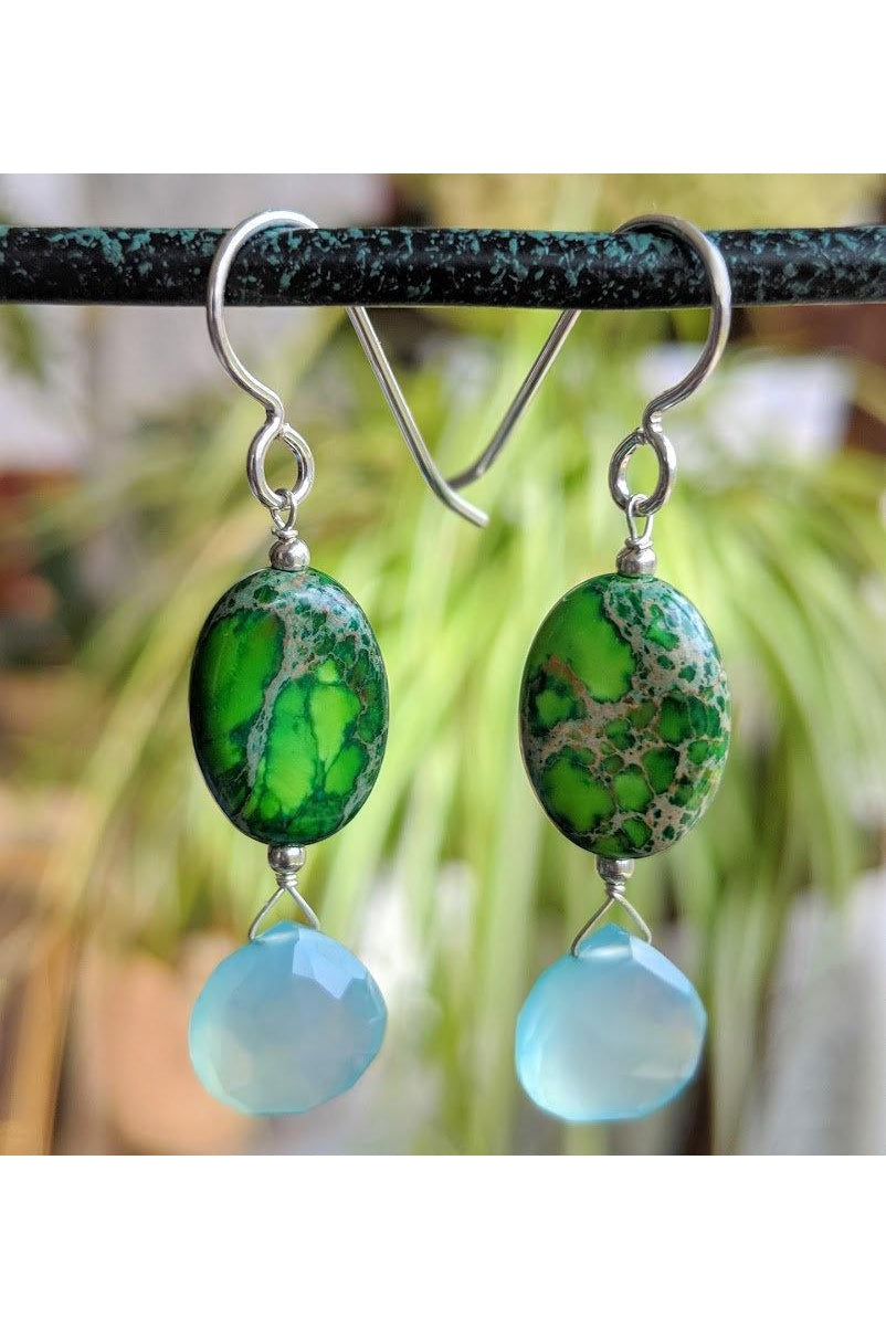 Blue Chalcedony, Green Jasper Gemstone Dangle Earrings