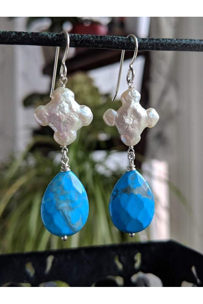 Turquoise Blue Howlite, Cross Pearl Silver Earrings