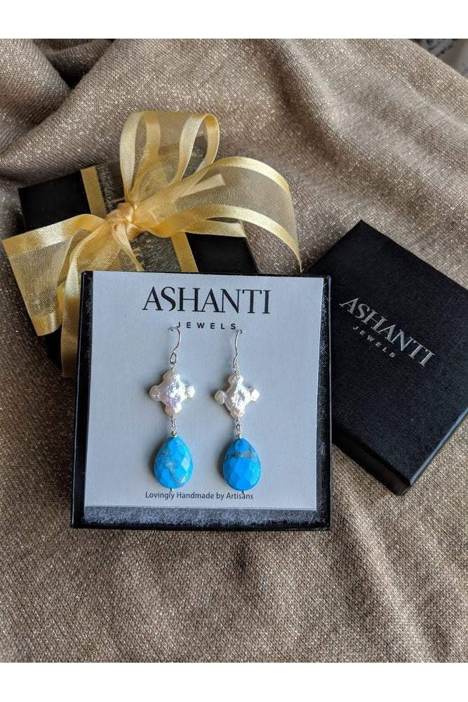 Turquoise Blue Howlite, Cross Pearl Silver Earrings