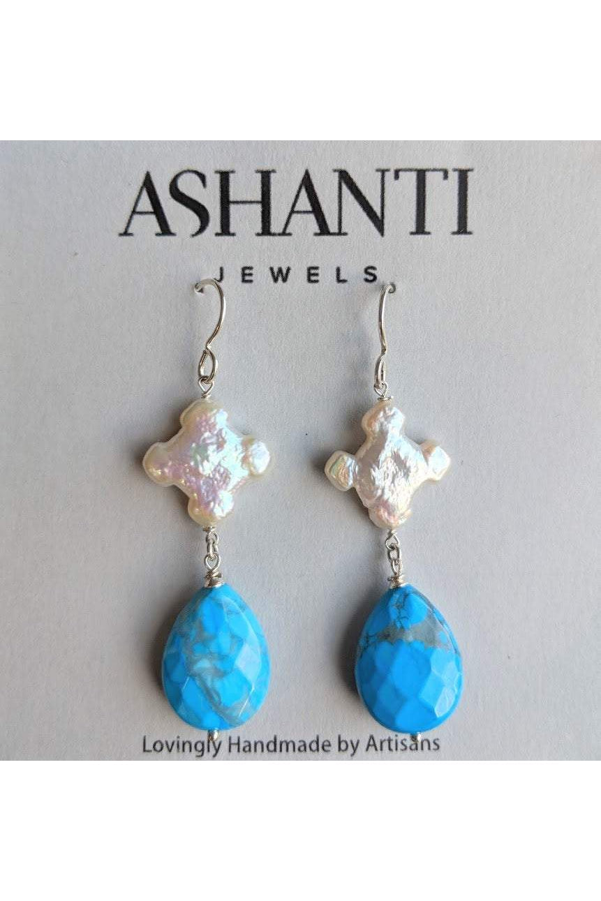Turquoise Blue Howlite, Cross Pearl Silver Earrings