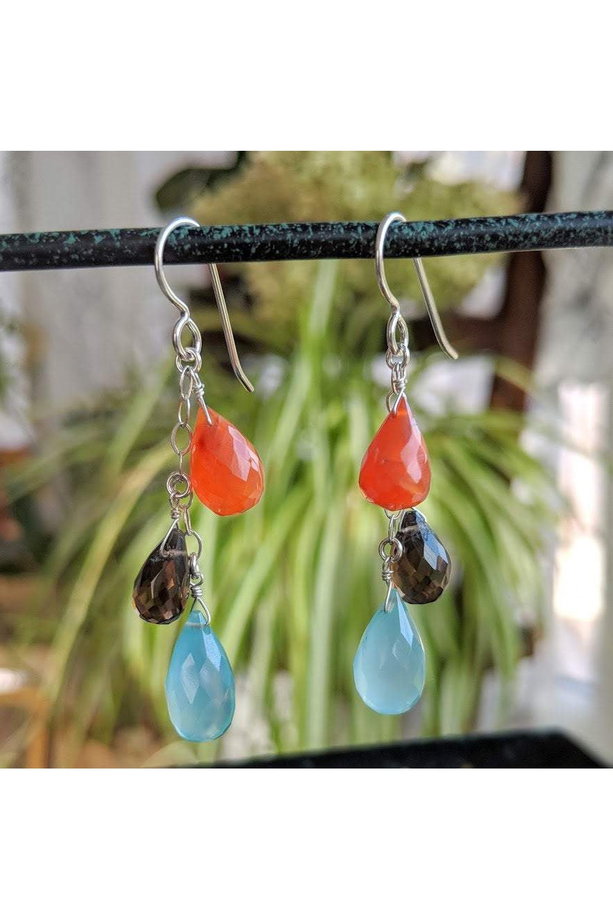 Chalcedony, Orange Carnelian, Smokey Quartz Colorful Earrings