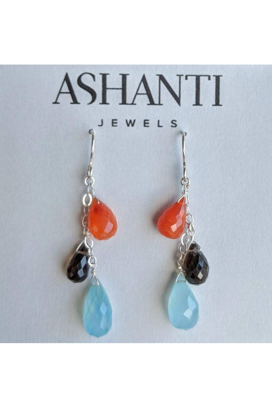Chalcedony, Orange Carnelian, Smokey Quartz Colorful Earrings