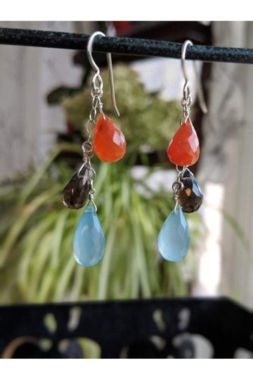 Chalcedony, Orange Carnelian, Smokey Quartz Colorful Earrings