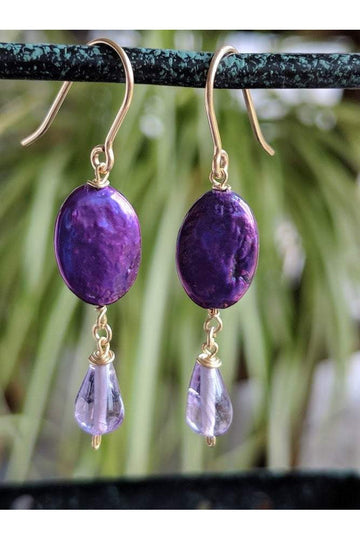 Amethyst Purple Pearl Dangle Gold Earrings