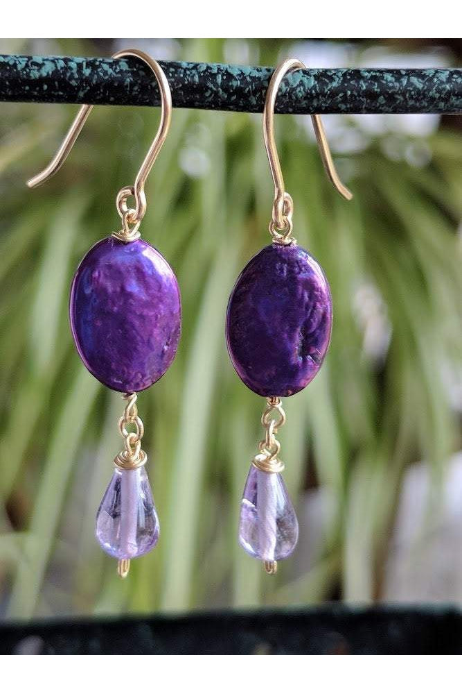 Amethyst Purple Pearl Dangle Gold Earrings