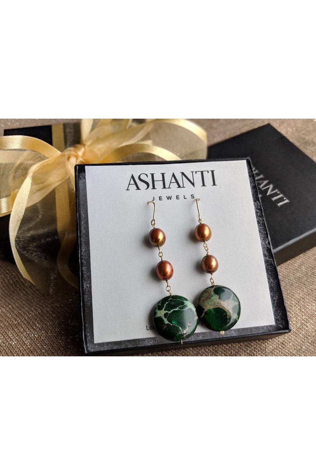 Dark Green Jasper Gemstone, Brown Pearls Long Gold Earrings