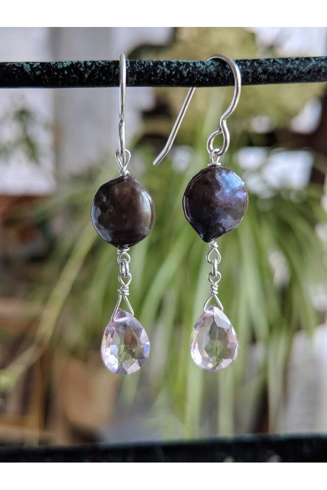 Pink Quartz, Bronze Pearl Silver Dangle Earrings