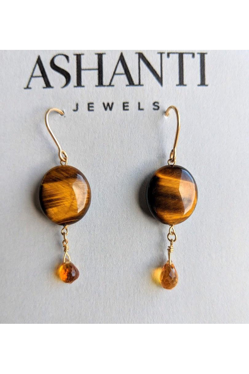 Tigers Eye Brown Gemstone, Yellow Citrine Gold Dangle Earrings