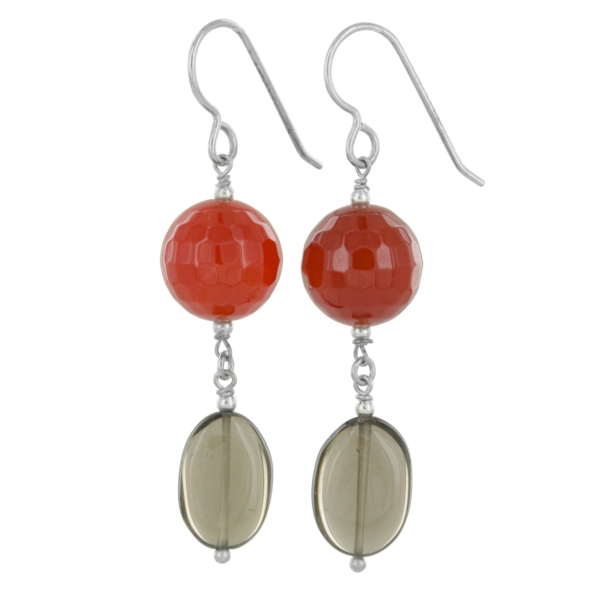 Orange Agate, Brown Smokey Quartz Silver Long Earrings