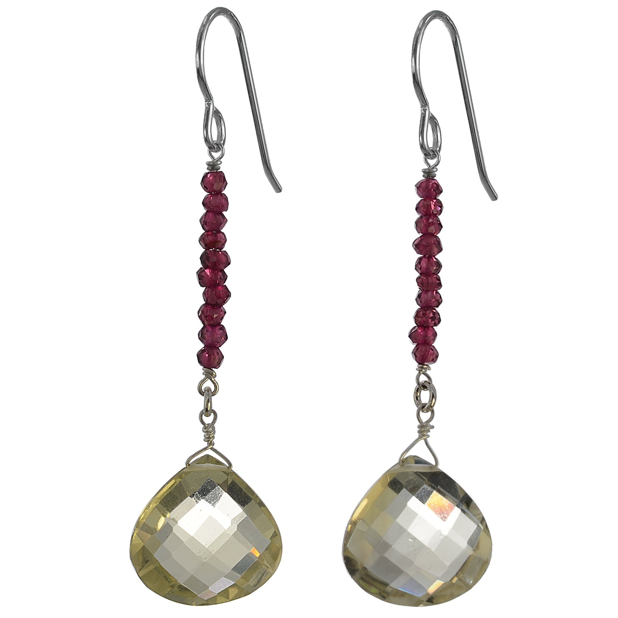 Yelow Lemon Quartz, Red Garnet Long Gemstone Earrings