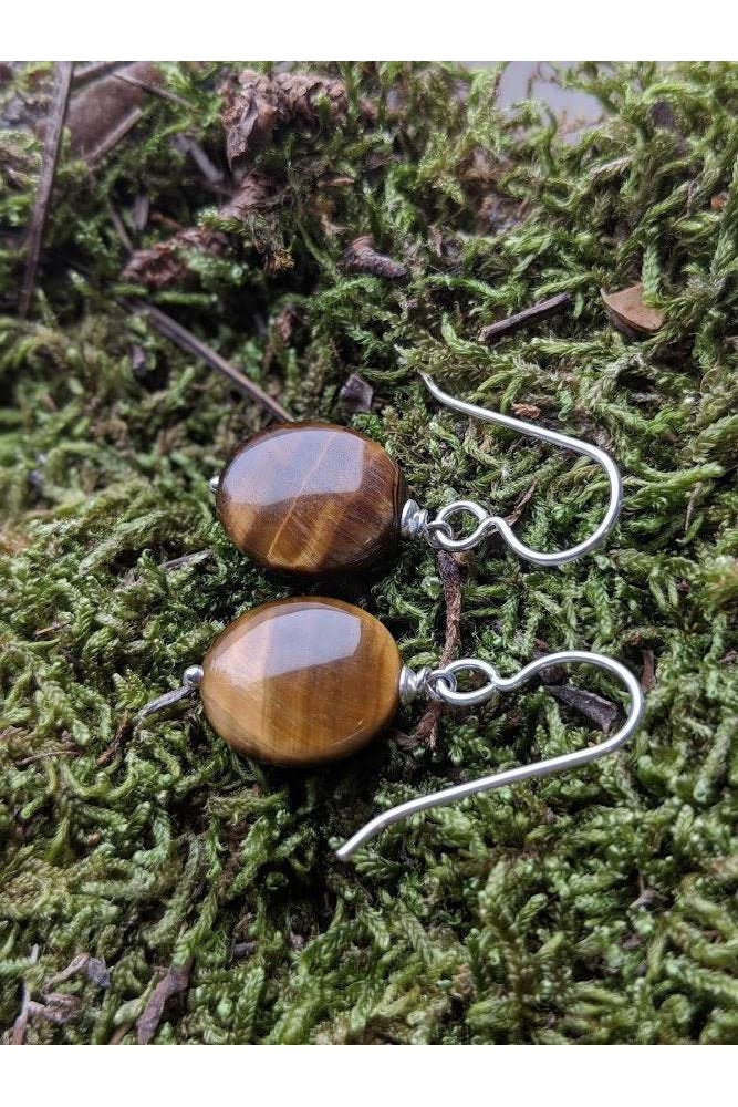 Oval Tigers Eye Brown Gemstone Minimalist Silver Earrings