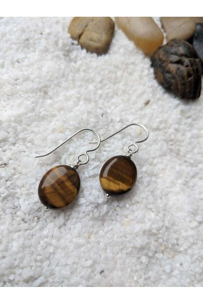 Oval Tigers Eye Brown Gemstone Minimalist Silver Earrings
